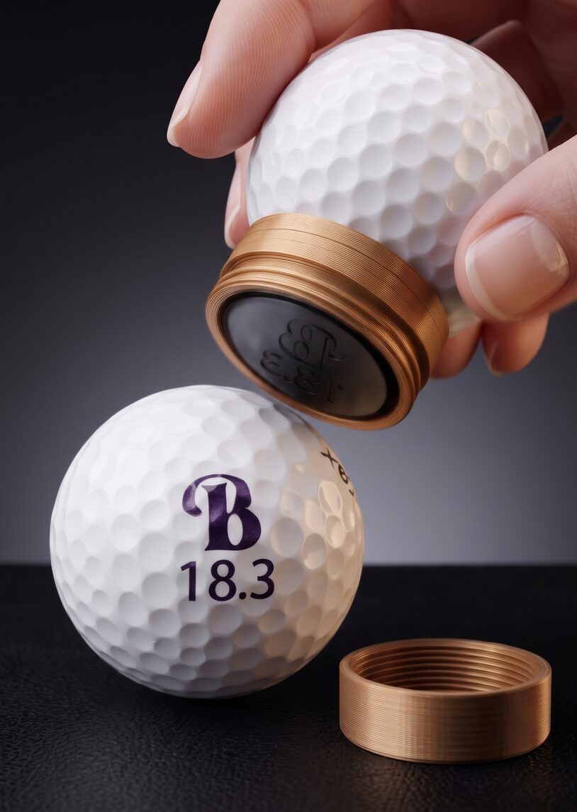 Hand holding the uncapped Dimple¹ stamp face-down above a golf ball freshly marked with a B and 18.3, the open cap beside it