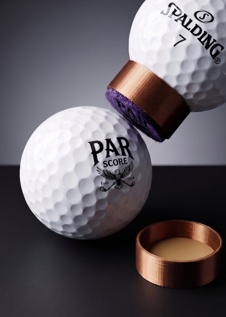 Golf ball stamped with a custom wordmark