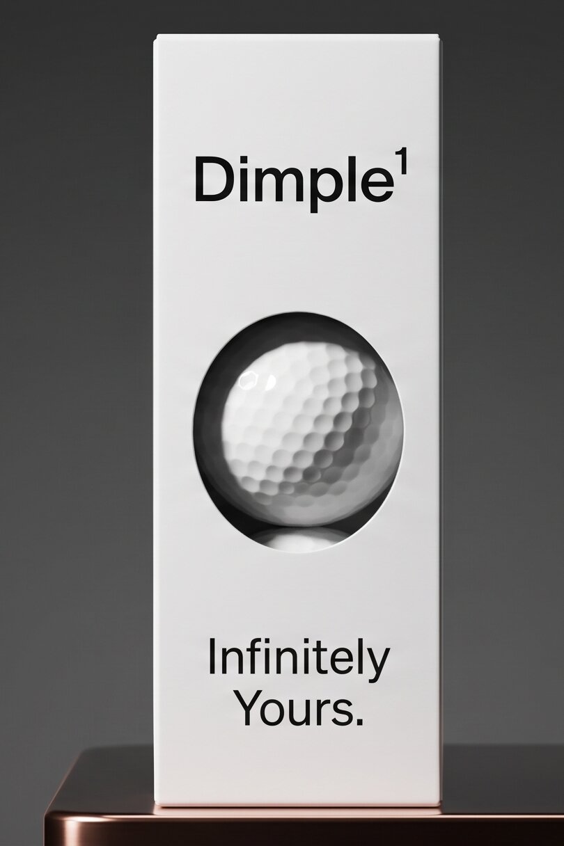 Dimple¹ retail sleeve made from recycled paper, with a die-cut window showing the golf ball handle inside